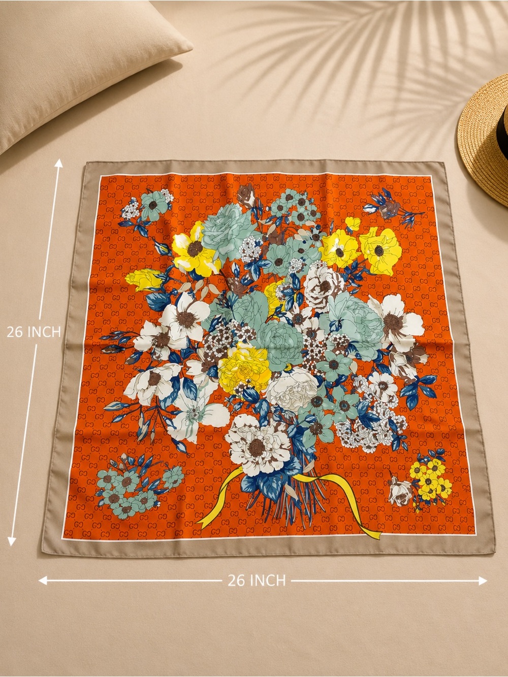 Floral Orange Square Silk Scarf
